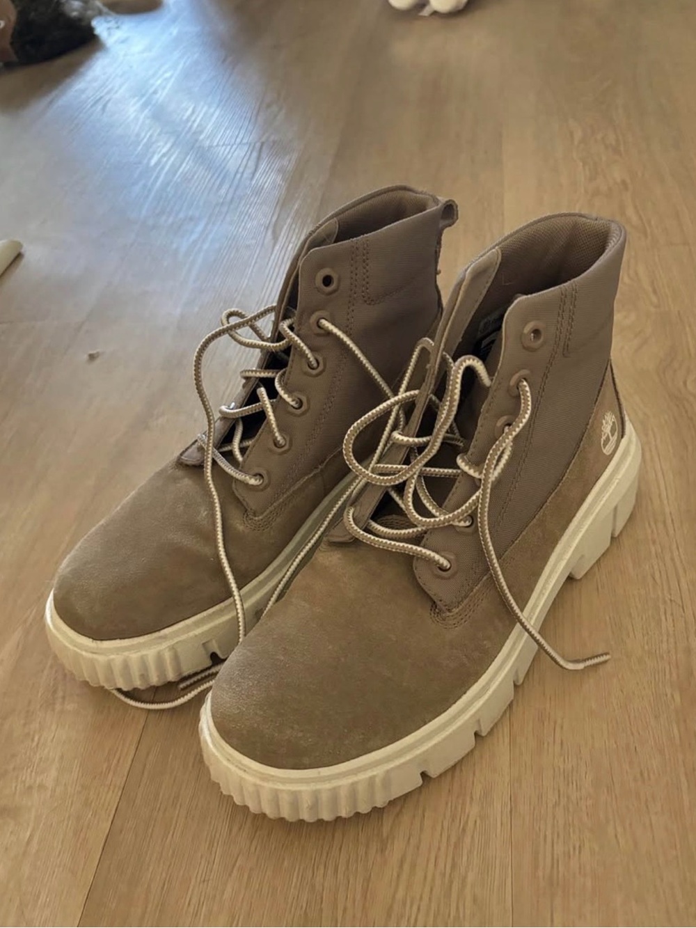 Timberland Taupe Lace-Up Canvas Boots with Cream Soles
